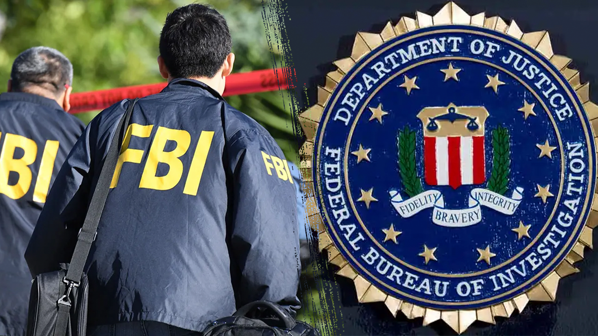 Une image divisée d'agents du FBI et le logo du ministère de la Justice et du FBI. Photos via Getty Images
